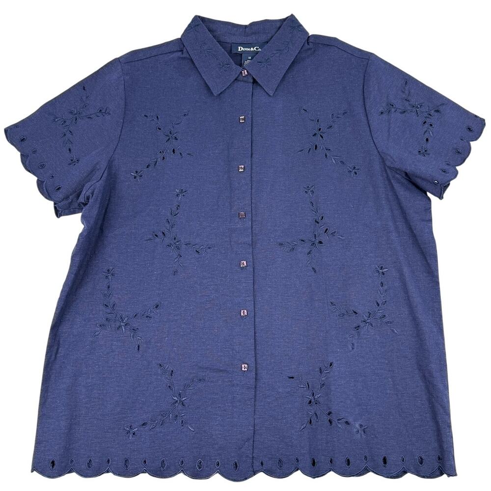 Denim & Co Linen Blend Embroidered Eyelet Scallop Shirt Blouse 1X NWT